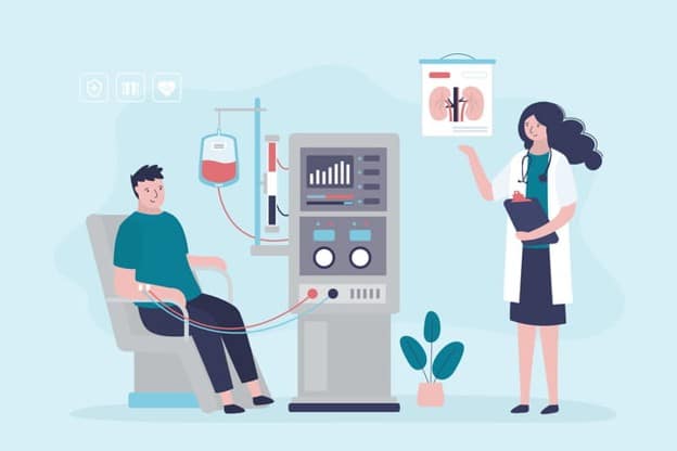 How In-House Dialysis Supports Recovery During Rehabilitation 2 A cartoon graphic of a man receiving dialysis.